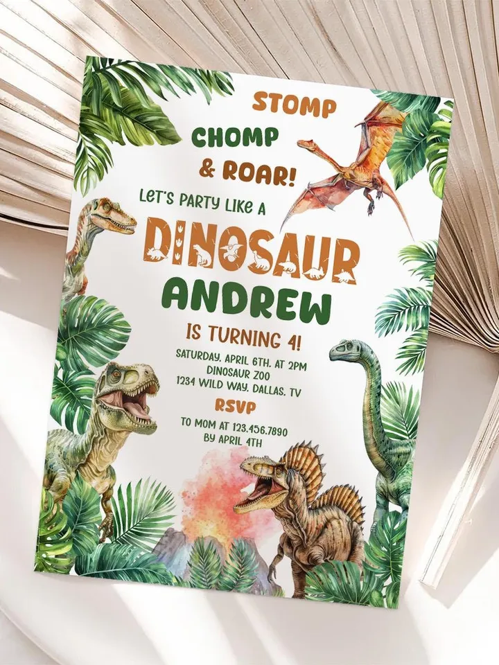 Dinosaur Birthday Invitation, Dinosaur Birthday Party Invite Template, Stomp Chomp and Roar Dinosaur Birthday, Boy Birthday Invitation Canva