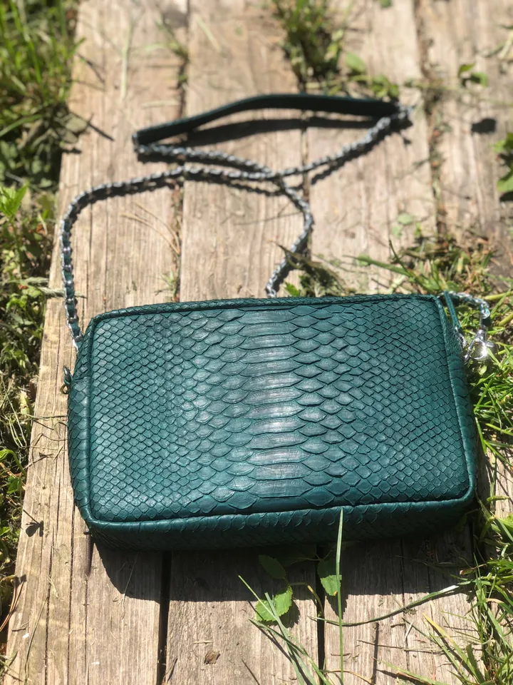 Genuine Python Skin Bag Dark Green Color | Exotic Leather Babs | Snake Skin Bag | Women Classy Elegant  Chain Crossbody Shoulder Purse Green