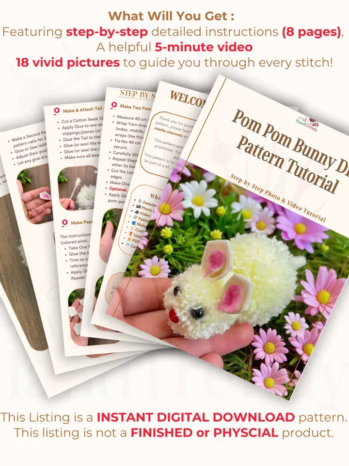 Pom Pom Bunny DIY Pattern Tutorial, Easy Rabbit Craft Tutorial for Easter Decorations, Handmade Rabbit Decoration, Instant Download