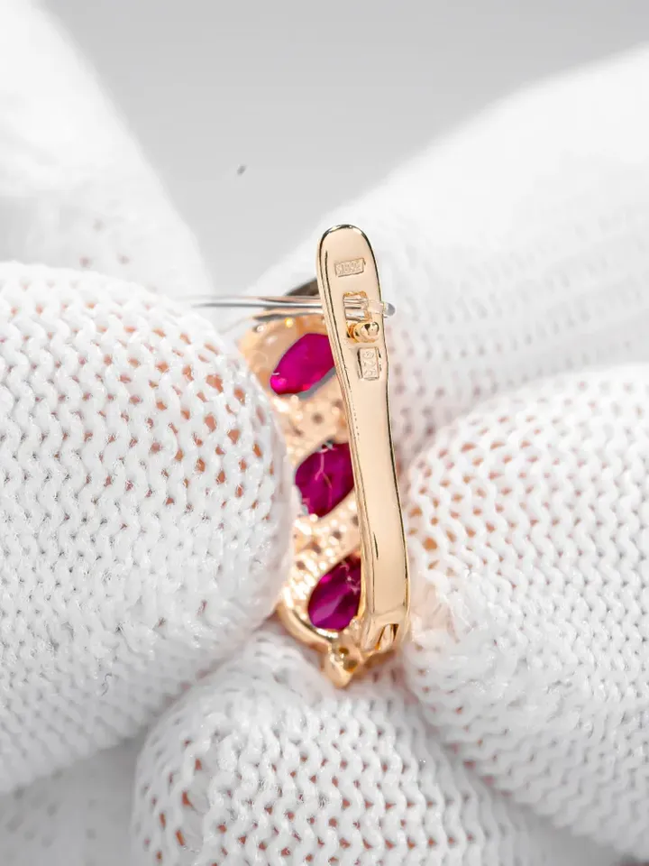 Earrings jewelry Silver gold plated 925 assay value with corundum ruby and cubic zirconia