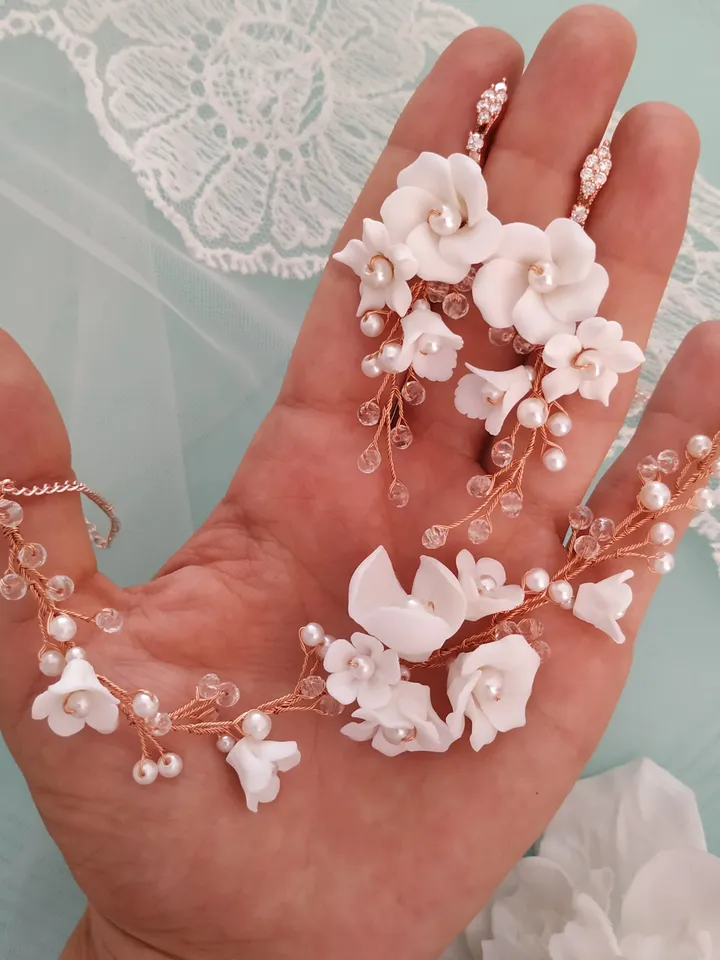Rose Gold Boho Wedding Earrings, Boho Bridal Earrings, White Clay Flower Wedding Earrings, Floral Bridal Earrings, Long Teardrop Earrings,