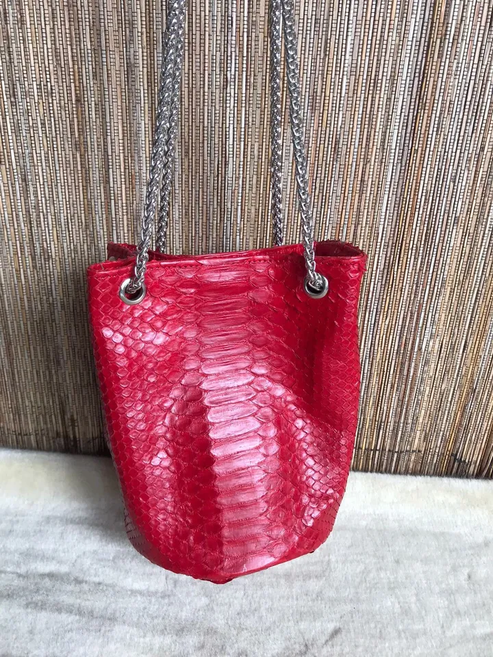 Genuine python skin bucket red chain bag / designer women purse / bright soft bag / exotic leather bags free shipping | gift for her