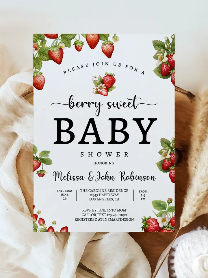 Editable Strawberry Baby Shower Invitation Berry Sweet Baby Shower Invite Berry Sweet Baby Shower Invite Printable BSH001