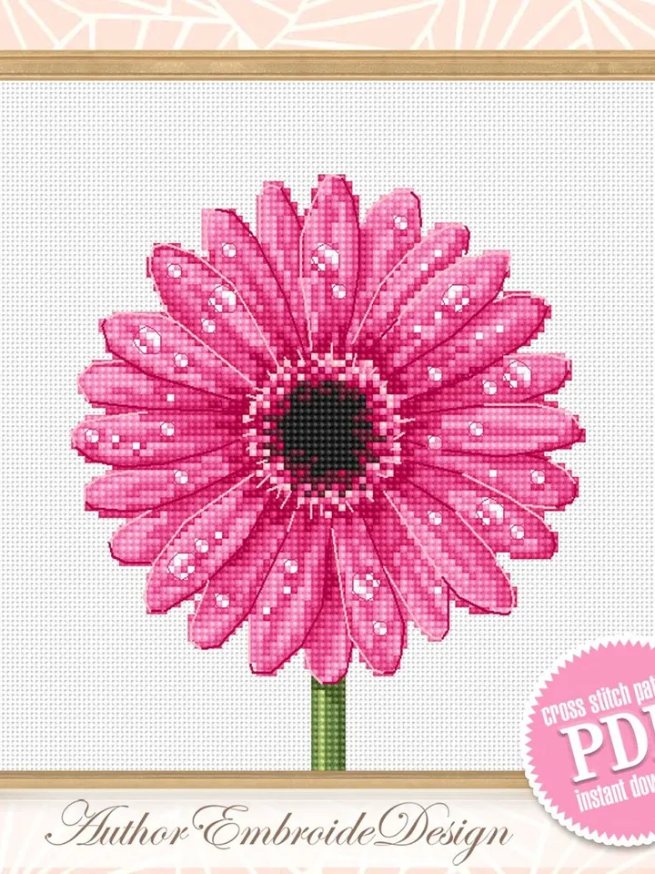 Gerbera daisy cross stitch pattern PDF download Pink flower cross stitch chart, Flower pattern digital PDF Mothers day gift, Home decor #P42