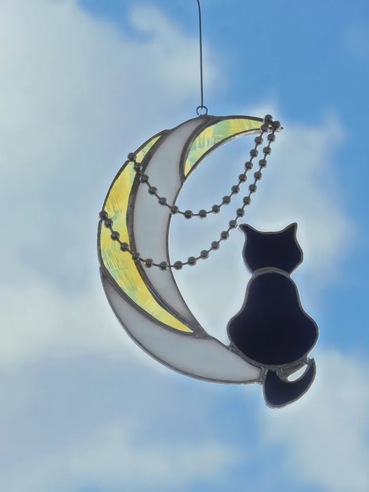 Black Cat On Moon with Chains . Art stained glass hanging Suncatcher . Gift for animal lover , pet loss memorial . White , yellow , black