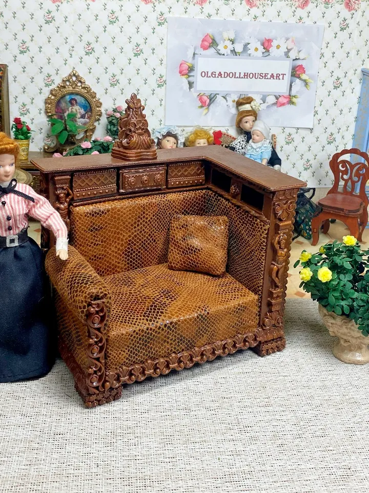Sofa for filling the interior of a doll house on a scale of 1:12. Vintage handmade sofa. Replica of an antique sofa.