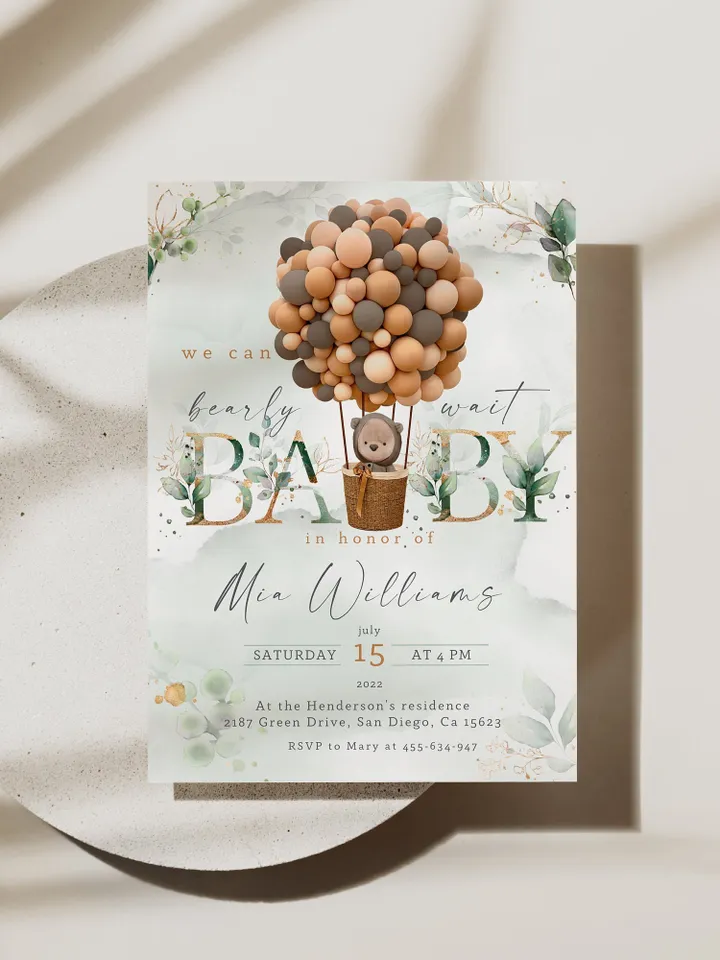 Teddy Bear Hot Air Balloon Baby Shower; We can bearly wait; Editable Teddy Bear Ballons Baby Shower; Neutral Gender Baby Shower Invitation