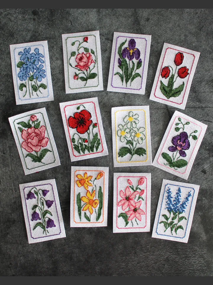 Set of 12 mini cross stitch patterns PDF, small cross stitch charts Flowers