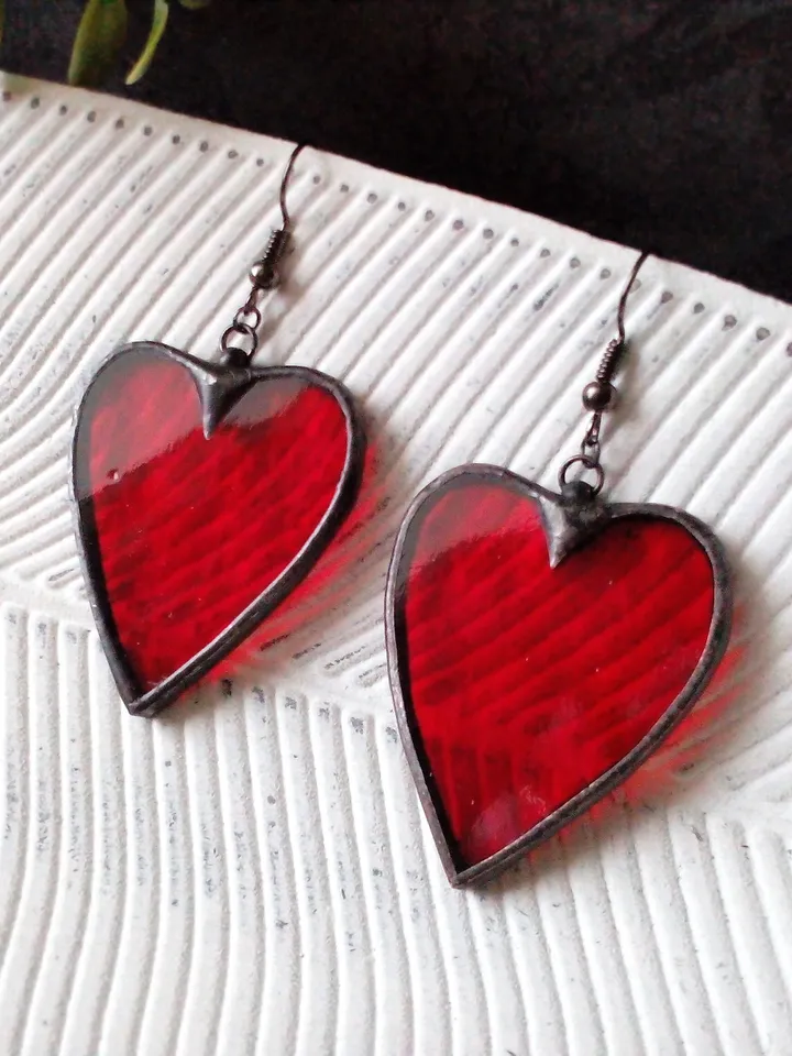 Heart stained glass earrings for Valentine day, valentines kawaii earrings