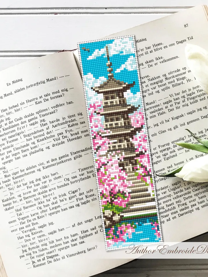Spring bookmark cross stitch pattern PDF download Japanese pagoda cross stitch chart for beginner, Sakura bookmark pattern digital PDF #B470