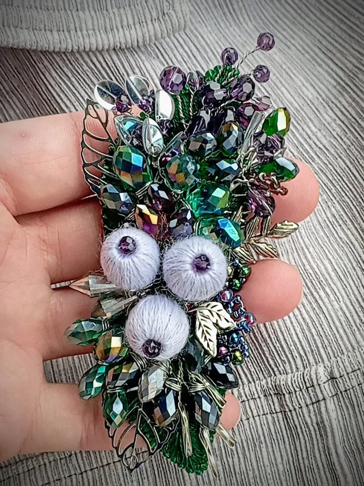 Handmade beaded jacket coat brooch pin berry, huge lapel brooch pin, leaf brooch for women, vegan floral jewelry gift
