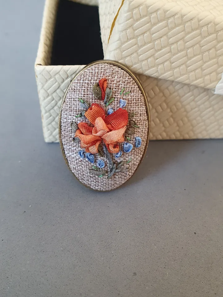 Ribbon embroidered brooch for her, hand embroidery jewelry,art 33