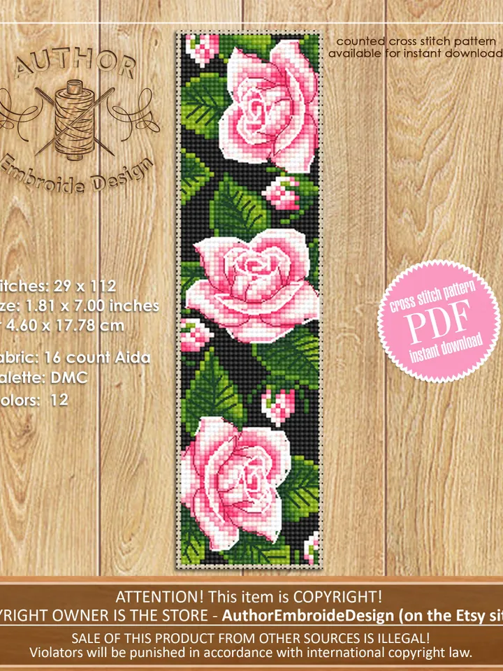 Flower bookmark cross stitch pattern PDF download Pink rose cross stitch chart, Handmade bookmark digital PDF, Cute bookmark for women #B211