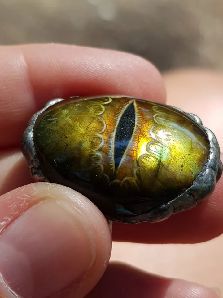 Dragon or snake eye ring Golden Labradorite ring Oil painting miniature on stone