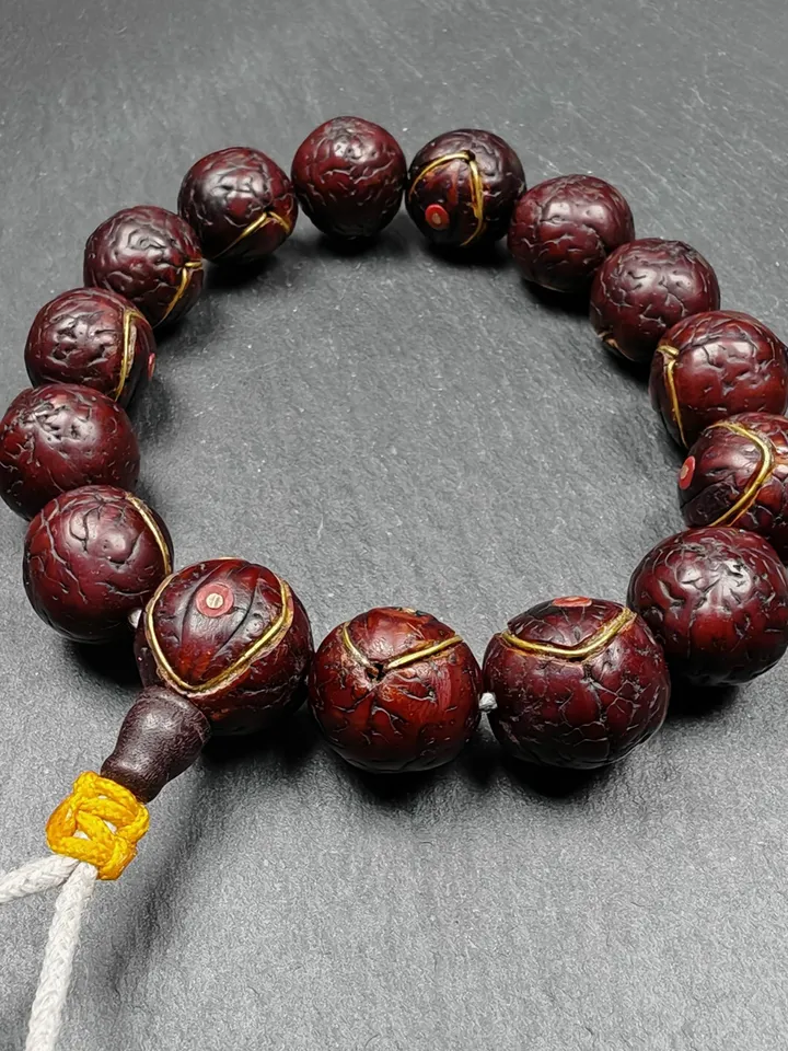 Gandhanra Unique Tibetan Wrist Mala,Old Bodhi Beads Bracelet,Inlaid Copper Wire and Agate,Diameter 17mm,Circumference 20cm