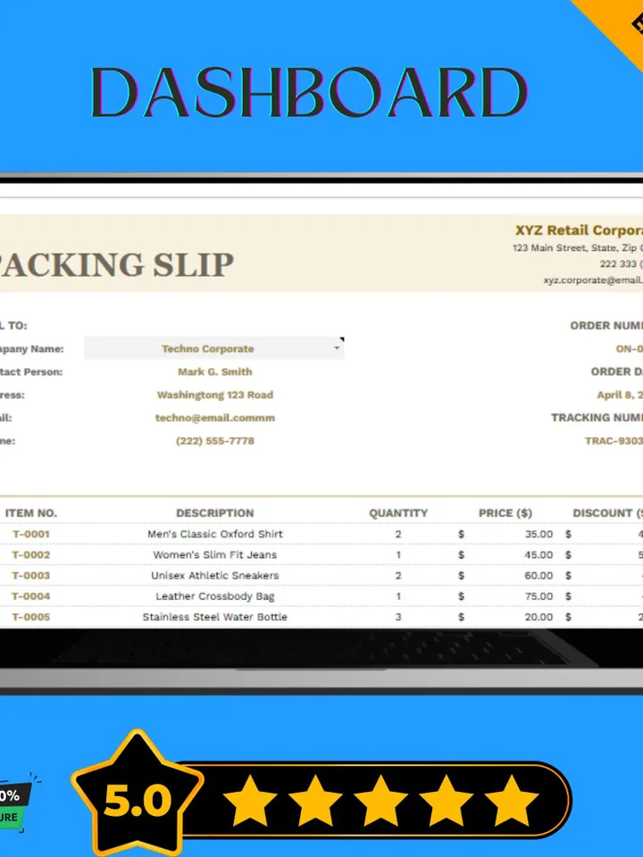 Retail Packing Slip Template, Printable Order Invoice, Google Sheets Packing List, Shipping Document for Retail Stores