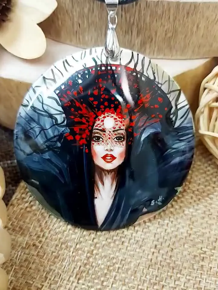 Pearl pendant necklace: Dark sorceress Scandinavian goddess Queen Hel painted on mother of pearl women necklace • aesthetic handmade jewelry