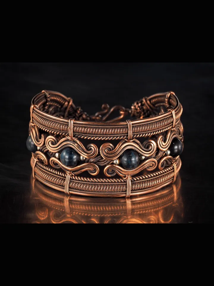 Copper wire bracelet with natural falcon eye, 7th Wedding Anniversary gift