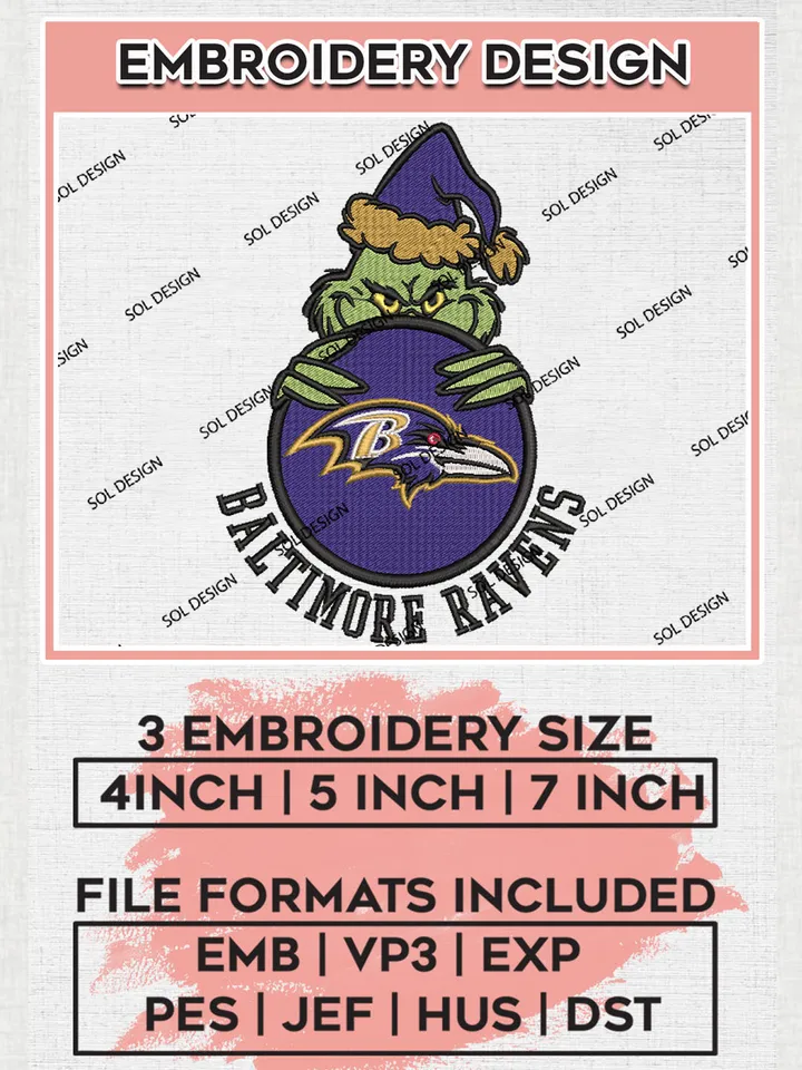 NFL Baltimore Ravens Team x Grinch Holding Ornament Logo Embroidery Designs, NFL Ravens Team Machine Embroidery Files, NFL Football Teams, 3 sizes, Grinch Machine embroidery designs, Digital Download
