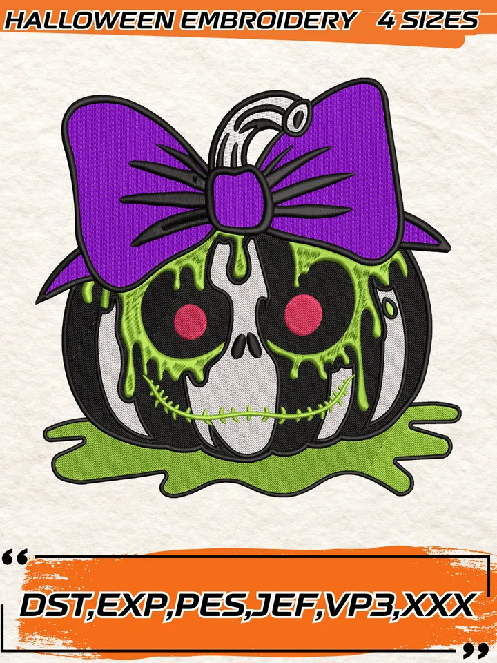 Beetlejuice Head Pumpkin Bow Embroidery Design, Halloween Embroidery Design,4 Sizes,Digital Download