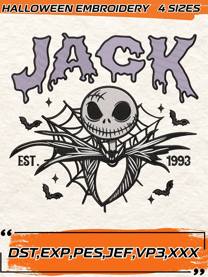 Jack Nightmare Before Christmas Embroidery Design,1993 Horror Villain,Halloween Embroidery Design,4 Sizes, Digital Download