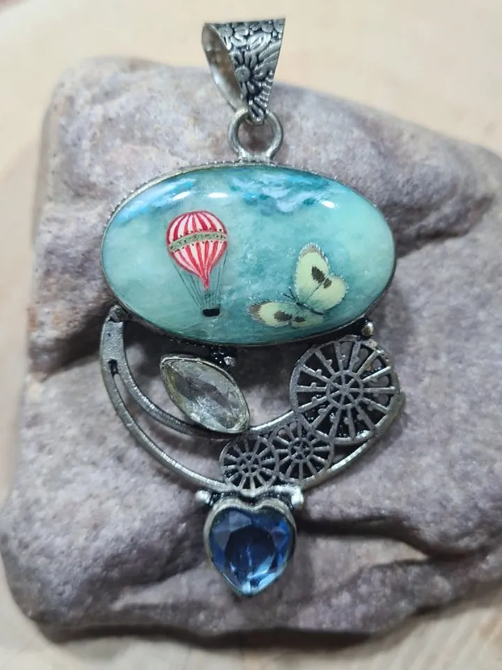 Blue pendant. Oil painting on  stone. Wearable art.