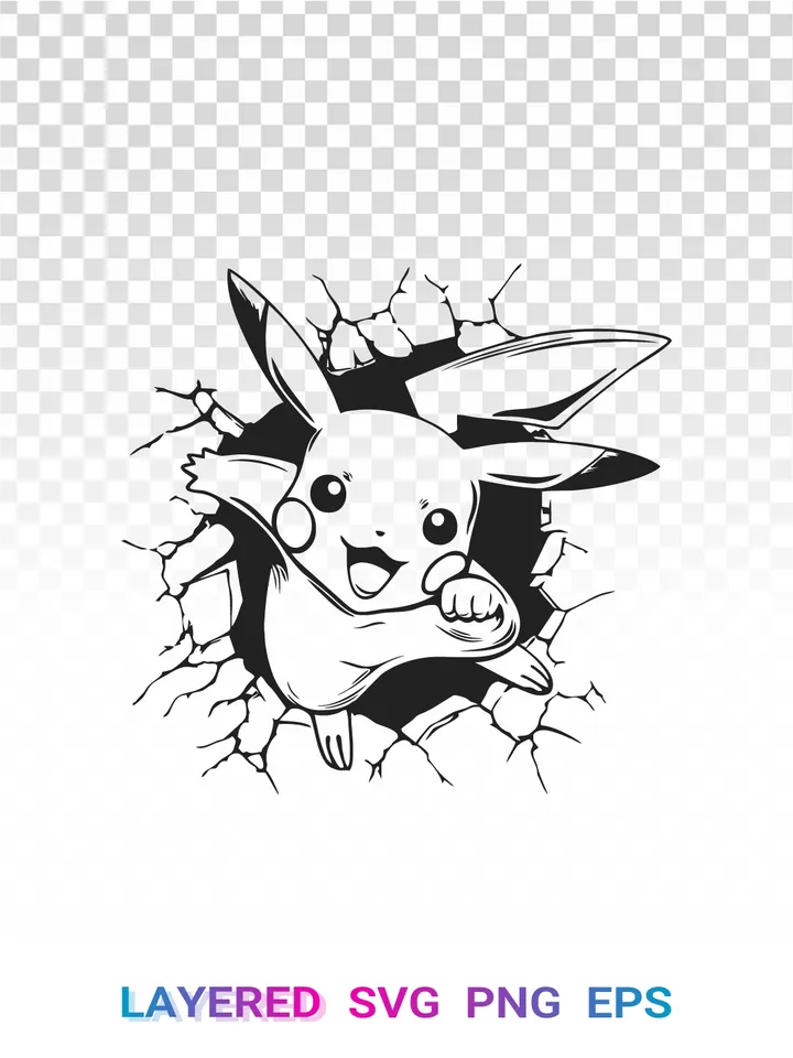 Pikachu SVG PNG, Pokemon Wall Break Layered Clipart Cricut