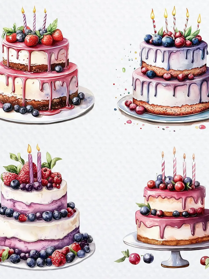 12 Tasty Birthday Cake PNG Bundle, Printable Watercolor sublimation, High Quality PNGs, Digital download, Paper crafts, junk journals