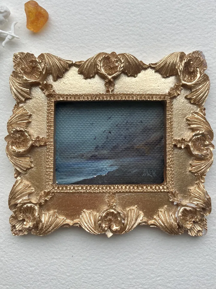 Small Landscape Oil Painting Framed Original Foggy Coast Painting Antique Ocean Art Gold Frame Tiny Paintings 3 x 4 Birds Art