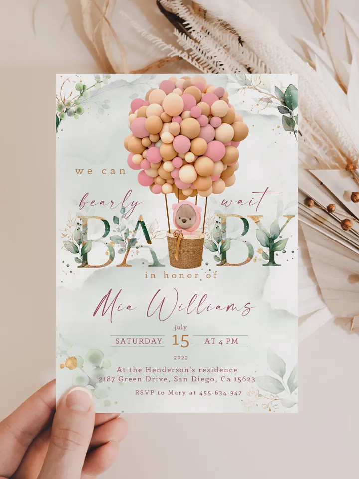 Printable Teddy Bear Hot Air Balloon Baby Shower; We can bearly wait; Girl Baby Shower Invitation; Pink Hot air balloons invitation template