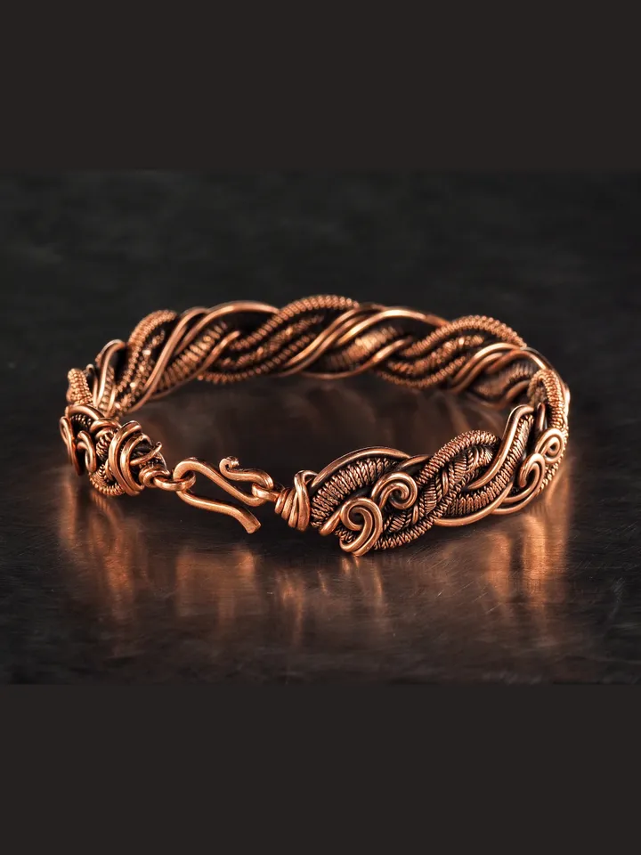 Copper bracelet for woman, Antique style, Handcrafted wire woven copper jewellery, One of kind braided statement bangle, Handmade oxidized pure copper jewelry, Pain relief, EMF protection