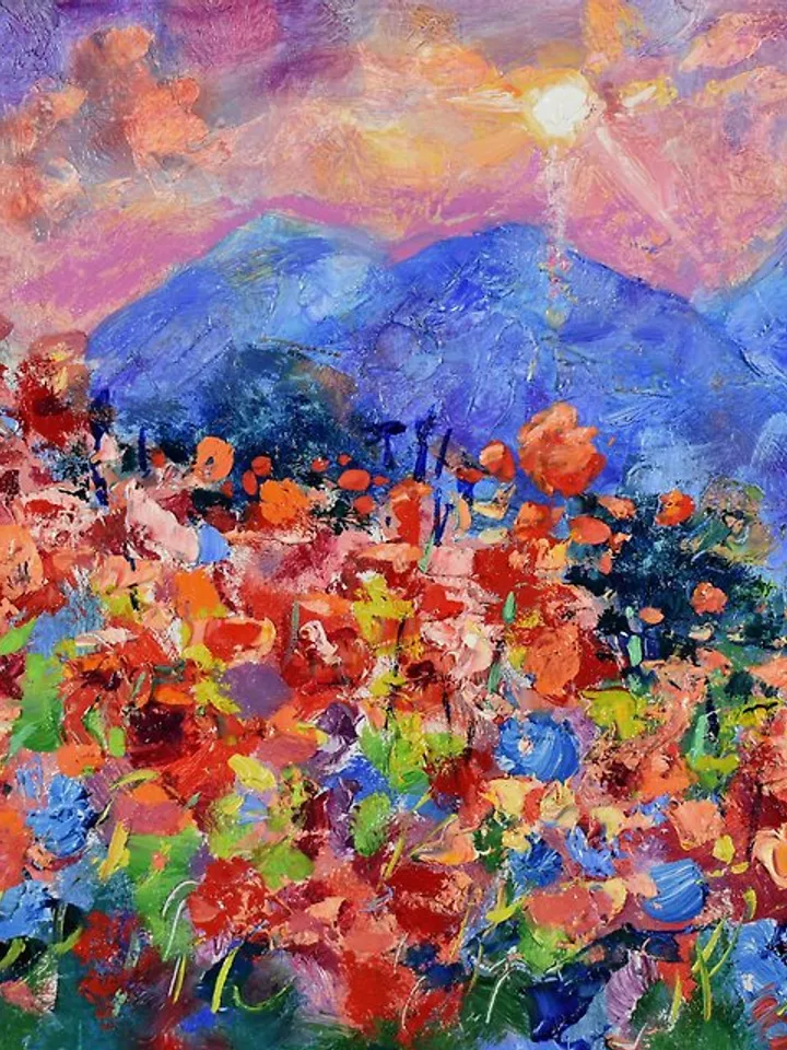 Italy Painting Poppy Original Art Landscape Flower Sunset Small Art Wall