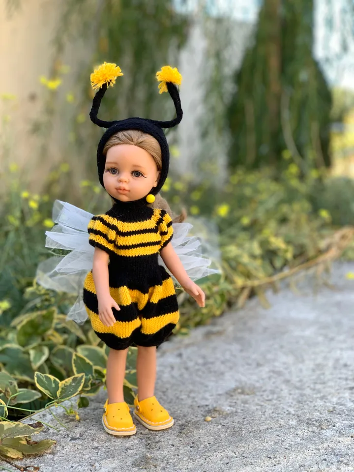 PDF Knitting Pattern Tutorial Bee Costume Jumpsuit with Cap for Paola Reina doll (13"/32 cm) eng