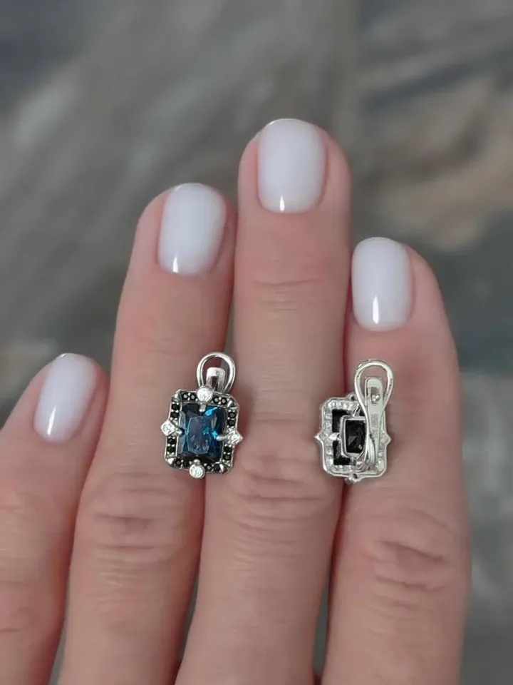 Earrings, silver 925, with London topaz, cubic zirconia and crystals