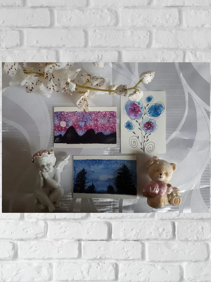 Original Three ACEO Art  Cards, ACEO Painting,  Mountains Art Forest Landscape and Flowers Watercolor