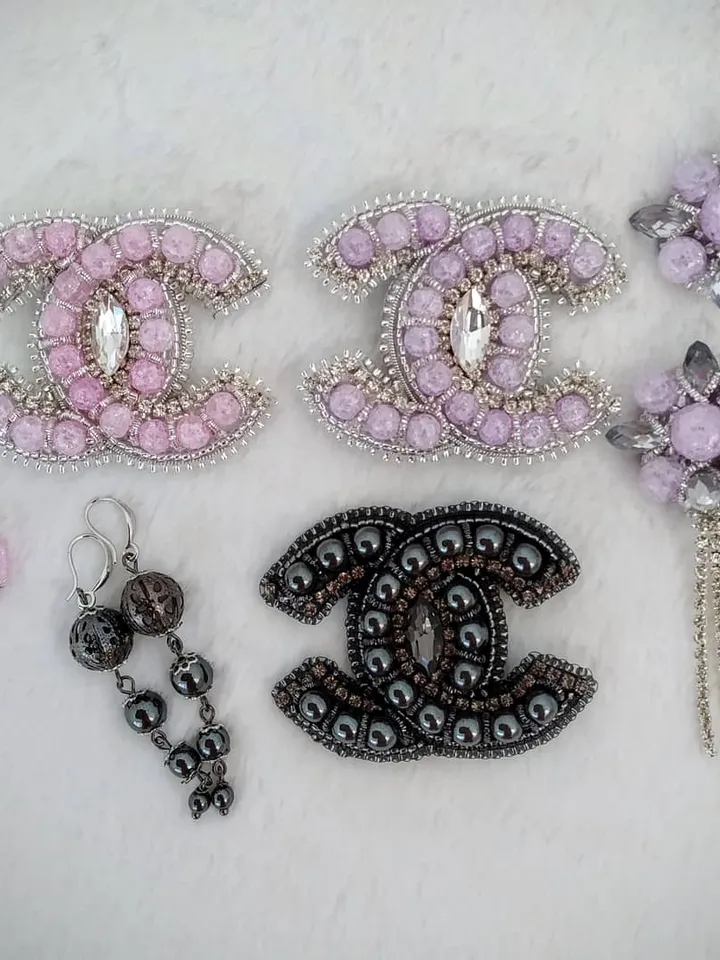 Handmade crystal brooch with earrings, CC brooch