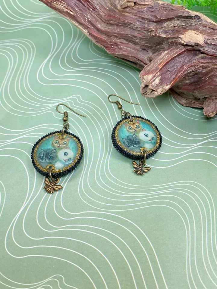 Earrings with cats. UV resin. Handmade.
