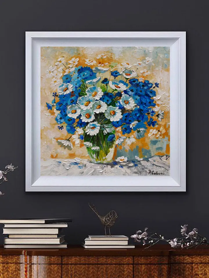Original oil painting Daisies and cornflowers Bouquet of wildflowers 12" by 12" (30x30cm) by OilPaintingNatali