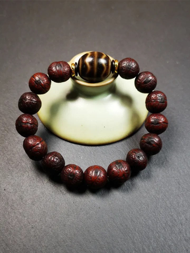 Gandhanra Unique Tibetan Dalo Dzi Bead Bracelet(30 Years Old), Fortune Wave Dzi with Old Bodhi Beads,Fit for 15-19cm Wrist