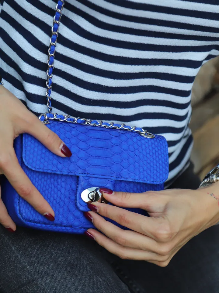 Royal Blue Crossbody Bag Genuine Python Skin | Adjustable Chain Classy Elegant Bright Blue Crossbody Small Lady Summer Bag | Python Purse