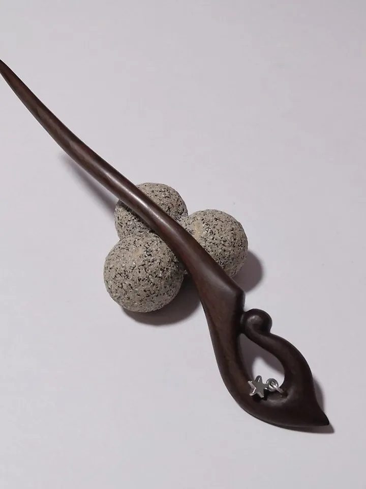 Handmade wooden hairpin made of walnut wood with pendant.