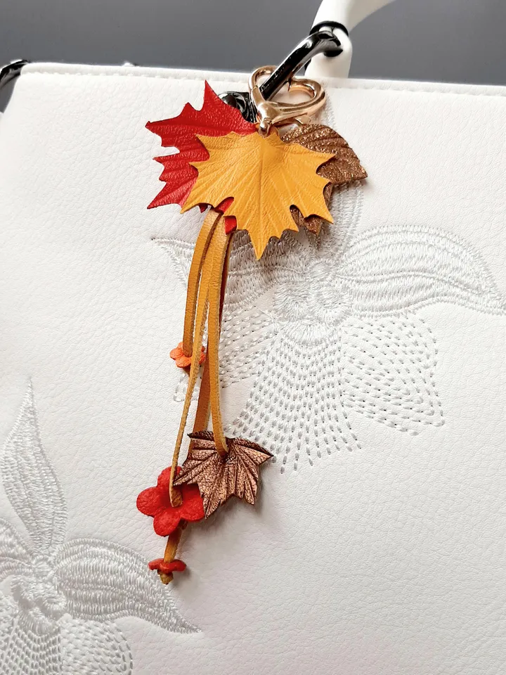 Orange maple Leaf Keychain Leather tassel charm Leather Pendant, art 9