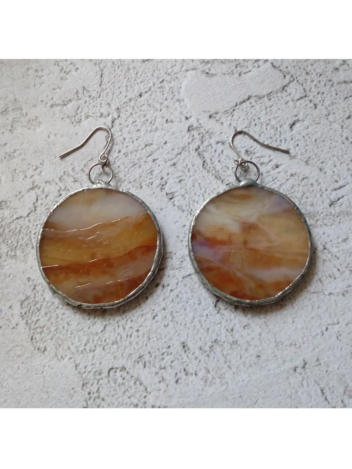 Stained glass brown earrings, Round stained glass, stainglass cute earrings, Dangle earrings, Geometric earrings