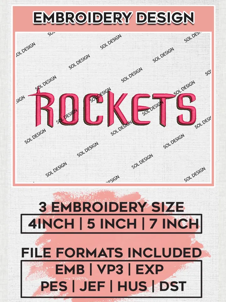 NBA Houston Rockets wordmark Logo Embroidery Files, NBA teams, NBA Rockets Embroidery Designs, Machine Embroidery Designs Digital Download