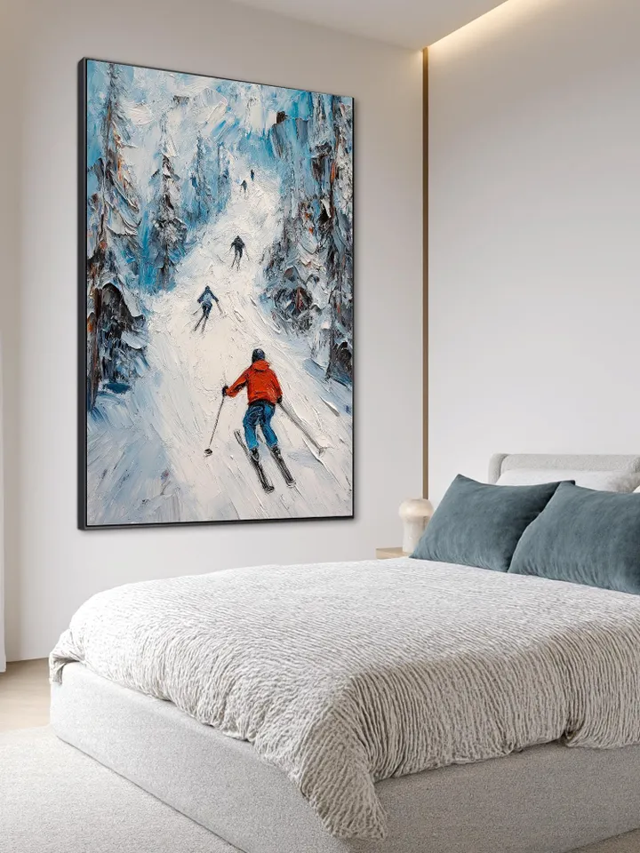 Skiing Painting, Winter Sports Art, Impasto Snow Landscape, Mountain Art, Downhill Skiing, Textured Wall Art, Original Painting,Office Decor