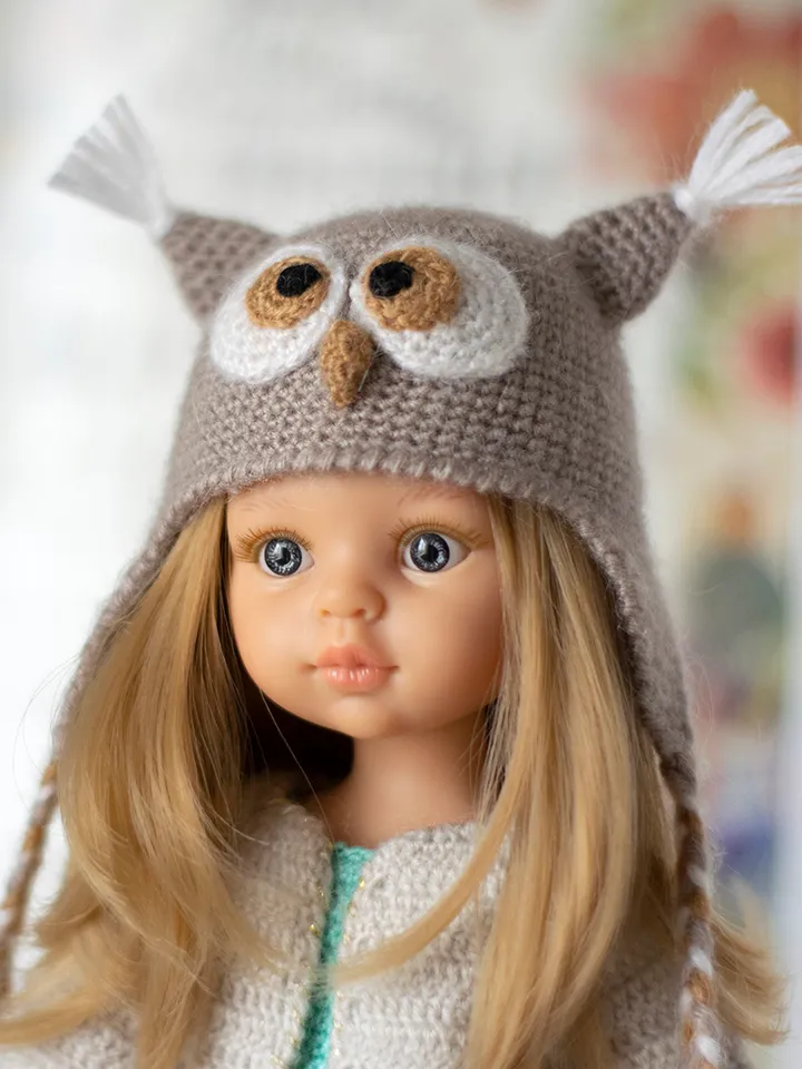 Owl hat for Paola Reina doll, Dumplings, Little Darling, Siblies RRFF for Halloween, animals hat with ears for doll