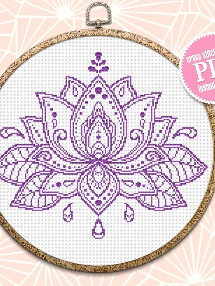 Lotus flower cross stitch pattern download PDF, Floral ornament embroidery PDF, Monochrome mandala cross stitch chart, DIY Home decor #M16