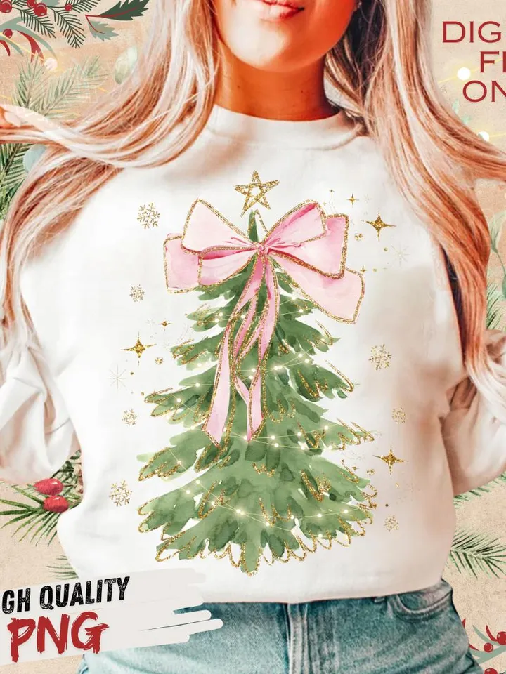 Coquette Glitter Christmas Tree Png, Watercolor Christmas Tree Girly, Merry Christmas Coquette Bow Tree Png, Christmas Lights Hand Drawn