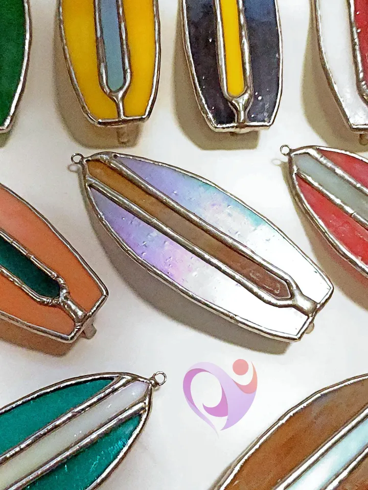 Real Stained Glass Surfboard Pendant Car Charm Mini Suncatcher for Rear View Mirror Cute Bag or Purse Charm Accessory Strong and Unique