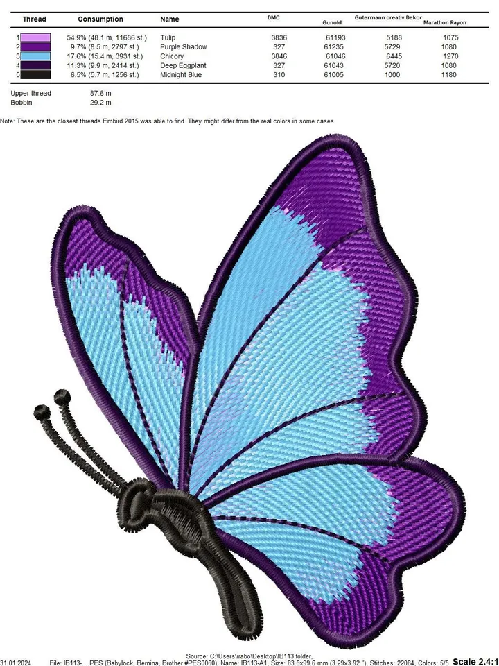 Butterfly on hand machine embroidery design